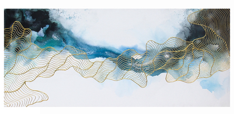 新中式客廳裝飾畫(huà) 餐廳原創(chuàng)純手繪金線畫(huà) 臥室環(huán)保PS框掛畫(huà) 藍(lán)色水韻