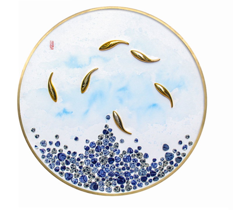 中式客廳裝飾畫(huà) 臥室實(shí)物畫(huà) 玄關(guān)不銹鋼金屬圓框掛畫(huà) 魚(yú)